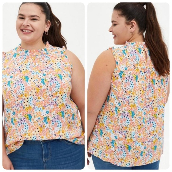 Torrid Rayon Twill‎ Ruffle Trim Mock Neck Tank Floral Print Size 6/6X #14710579 - Picture 1 of 13